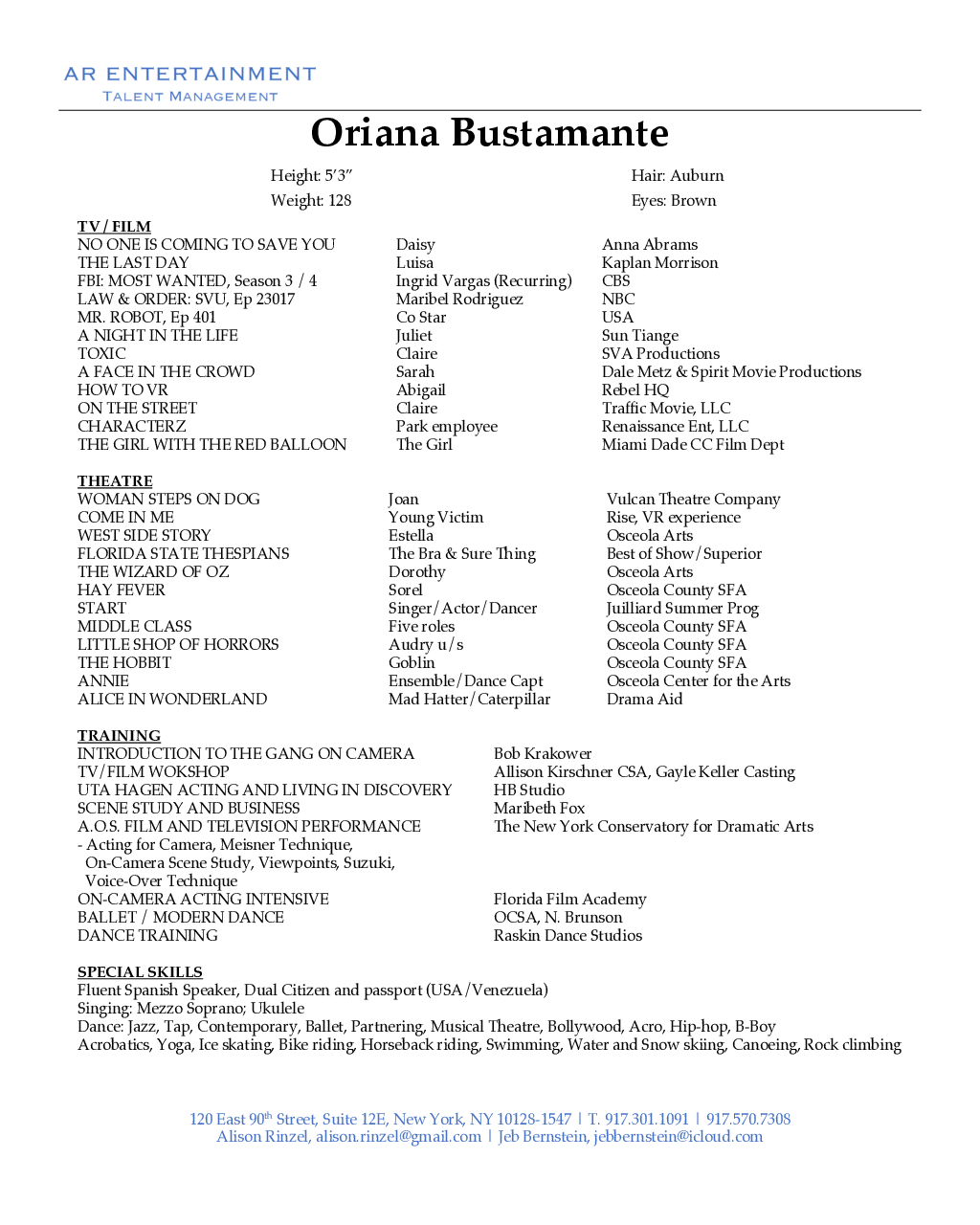 Oriana Bustamante acting resume 2026